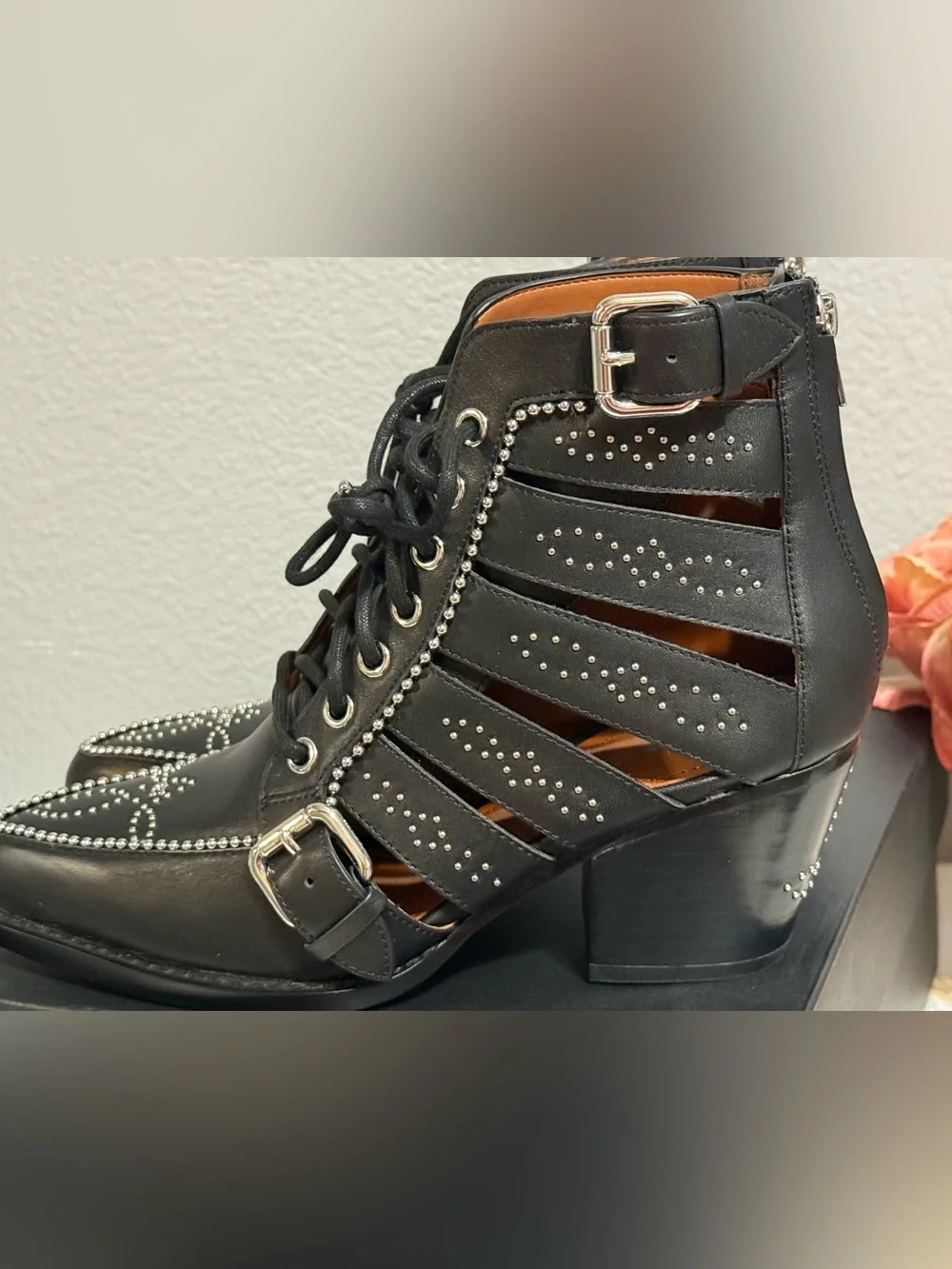Coach Paisley Black Stud Lace up Leather Heel Boots size 7.5 NEW Rocker Concert